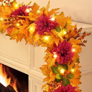 Fall Garland -Fall Decor 5.9 FT  Leaves Garland with Lights, Artificial Autumn‎